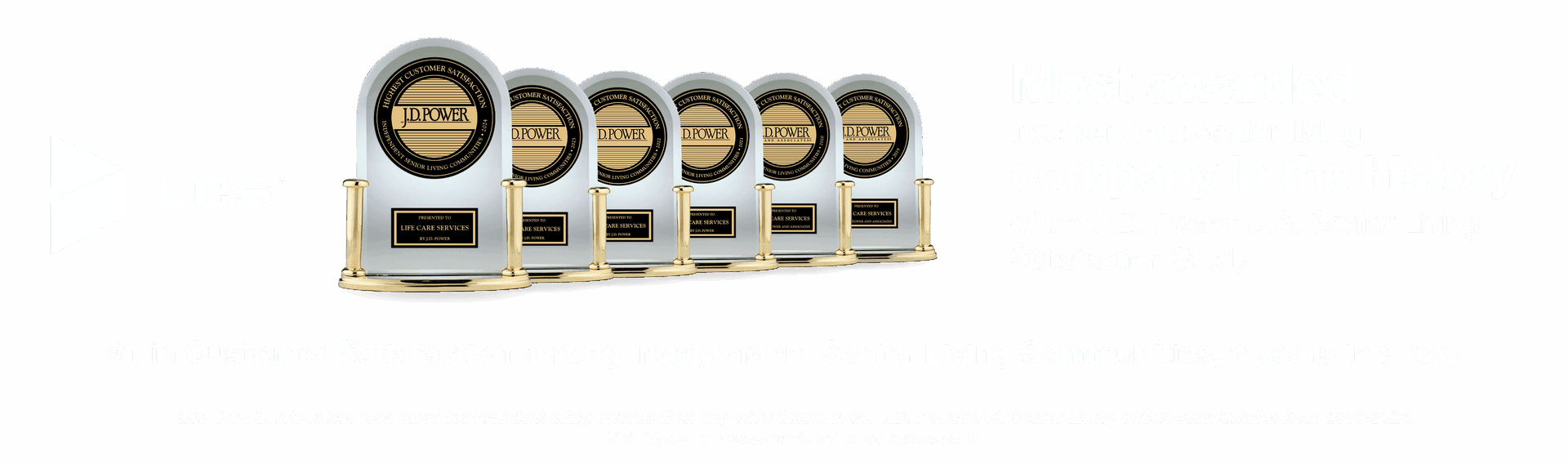 Four JD Power awards displayed alongside Life Care Services logo with text about customer satisfaction.