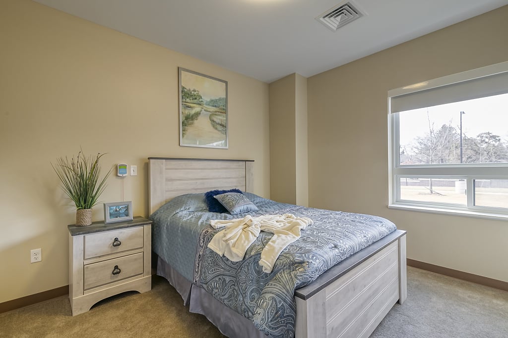 Cozy-Bedroom-Scenic-Picture Bedroom with blue bedding, a robe, a scenic picture, and bedside table with plant.