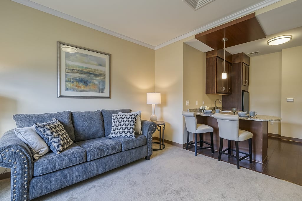 cozy-living-area-couch Cozy living area with gray couch next to kitchen barstools