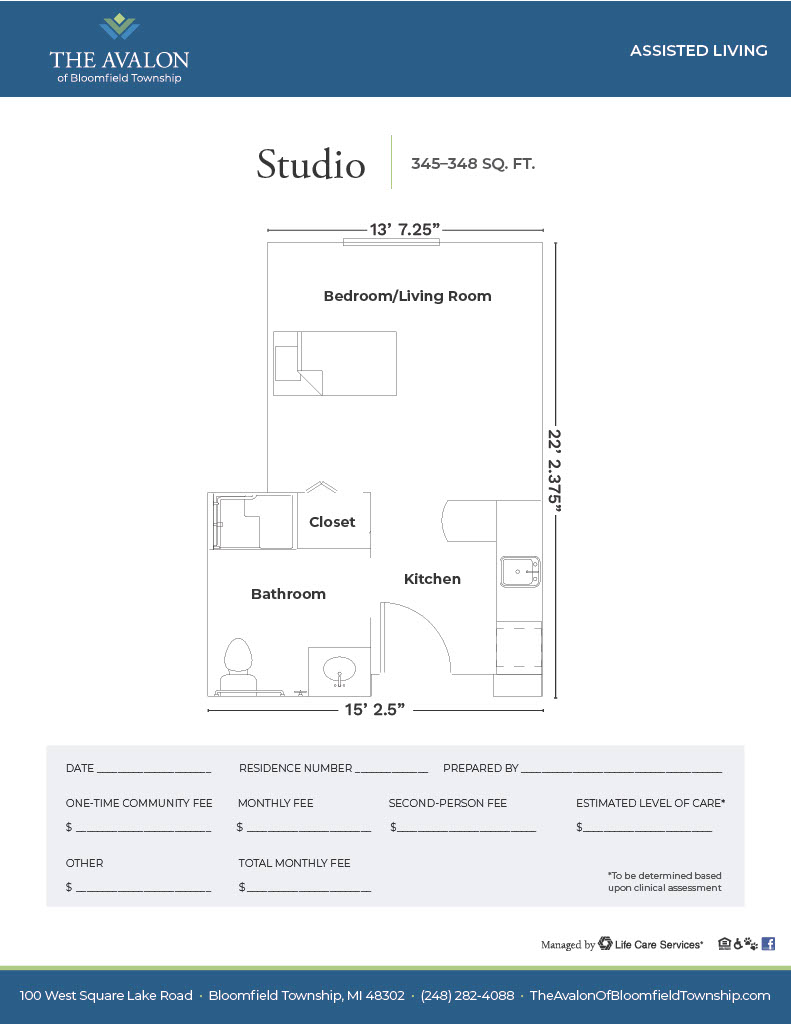 Studio floor plan layout for assisted living