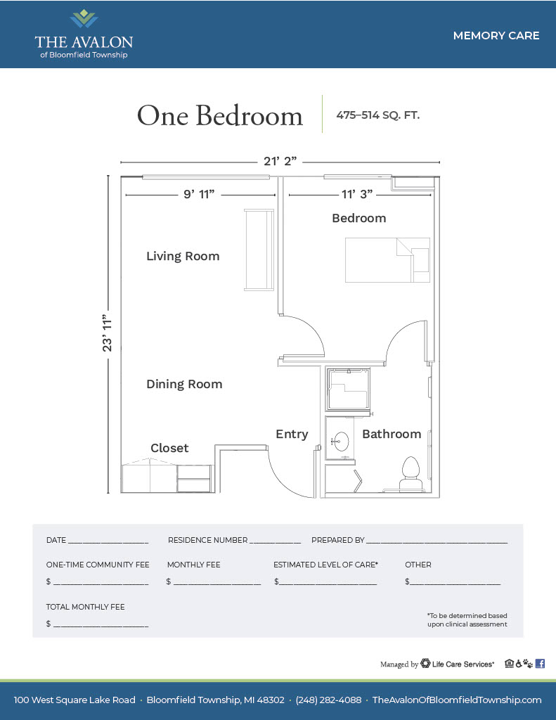 One bedroom floor plan for memory care