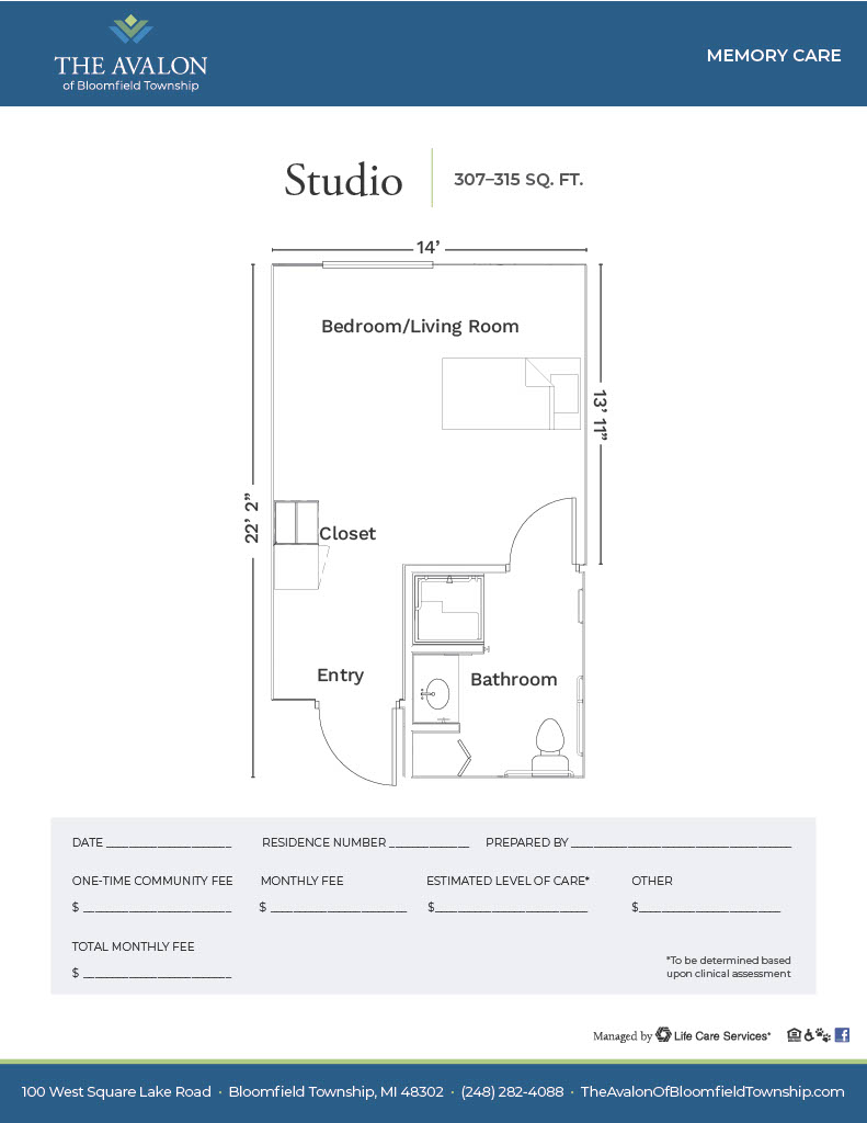 Studio floor plan for memory care