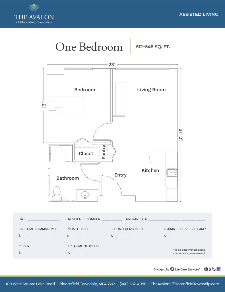 One bedroom floor plan layout for assisted living