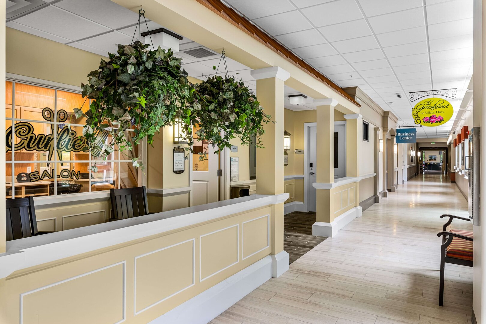 welcoming-hallway-senior-units Bright hallway with plants and salon in senior living units building.